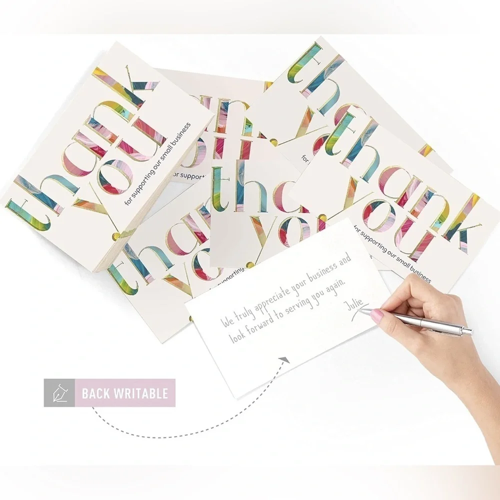 25 THANK YOU Business Cards + 25 Stickers, Starter Set, Colorful, Gold Foil